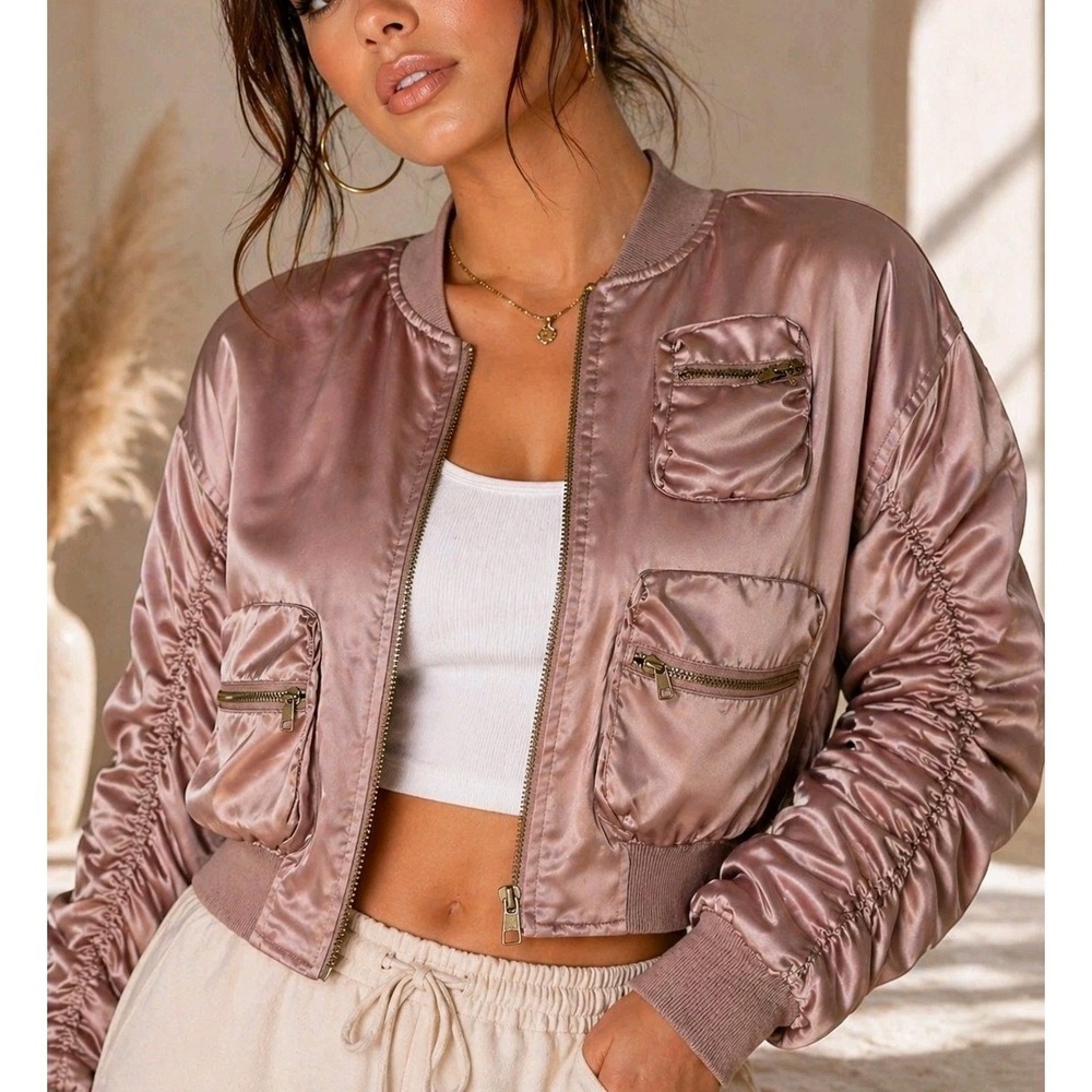 NWT LFD Crop Bomber Jacket S Blush Pink Satin Zip $98 Retail Chic